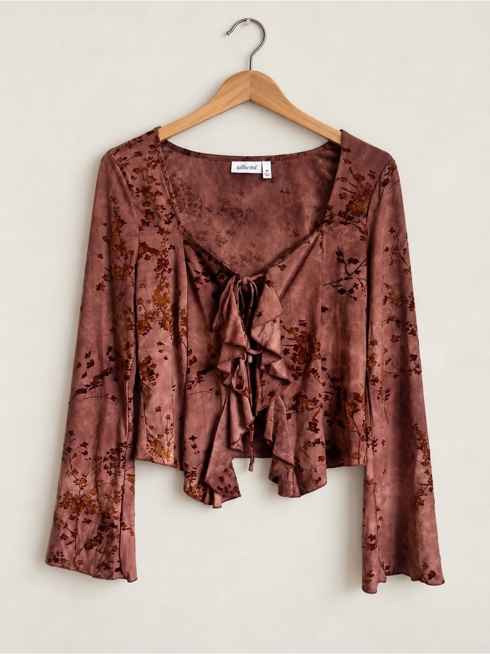 Willow & Root Floral Flocked Ruffle Top Tie-Front Bell Sleeves Lace Trim Medium